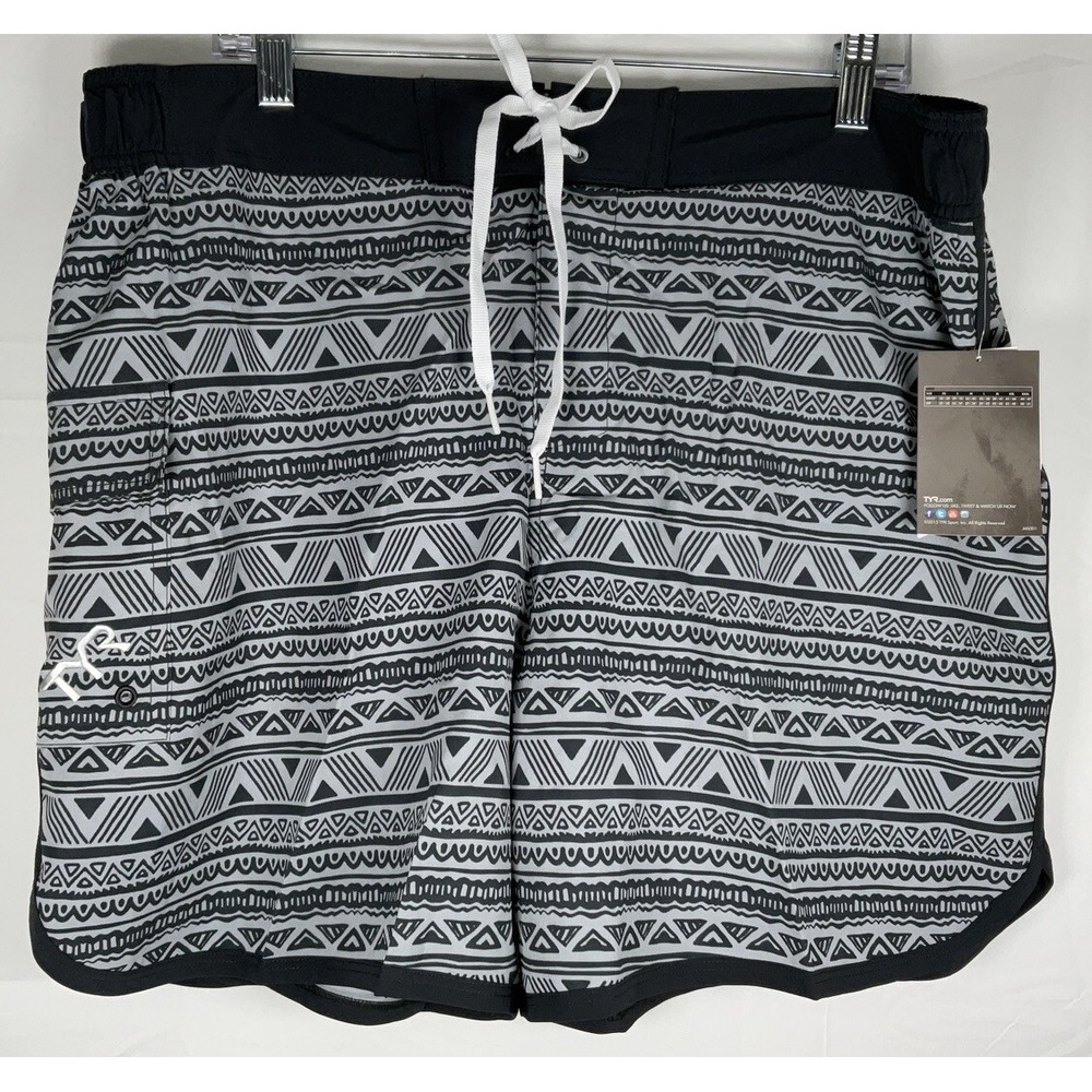 NWT Men's TYR Lined Native Stripe Black & Gray Board Shorts Swimming Trunks XL